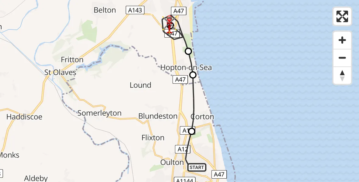 Flight route Air Ambulance Helicopter Lowestoft - James Paget Hospital, 04 September 2026, 19:25