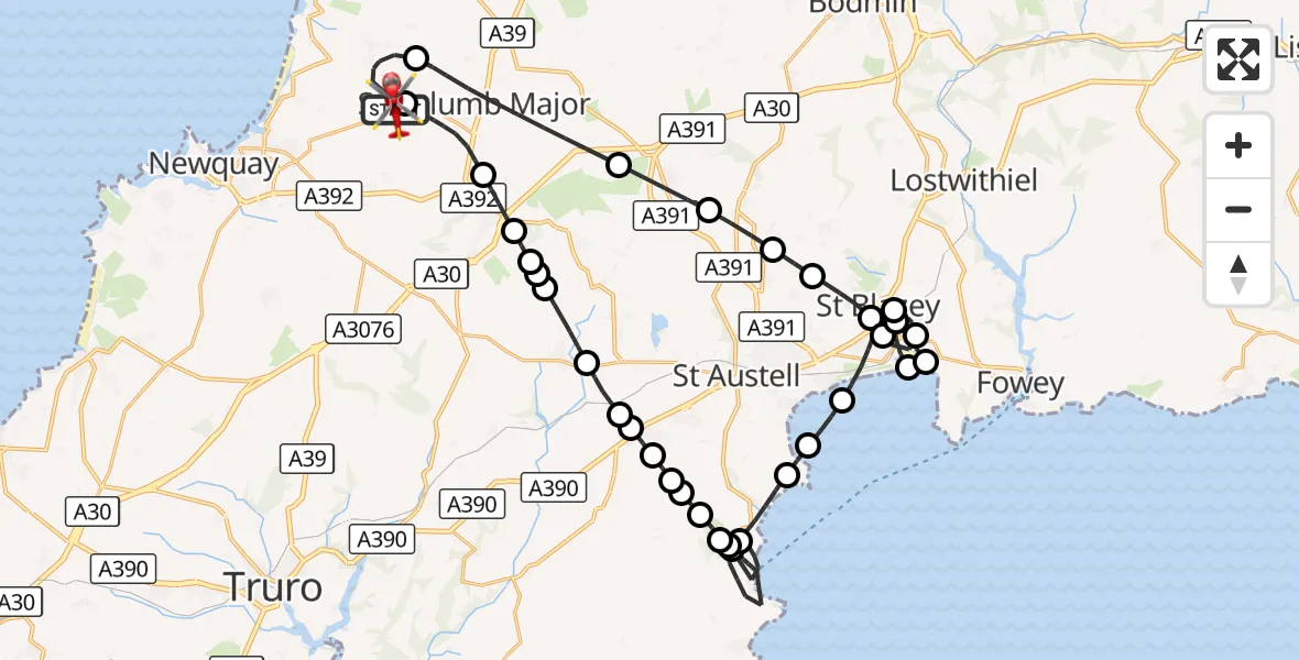 Flight route Air Ambulance Helicopter Cornwall Airport Newquay - Cornwall Airport Newquay, 04 September 2026, 19:37