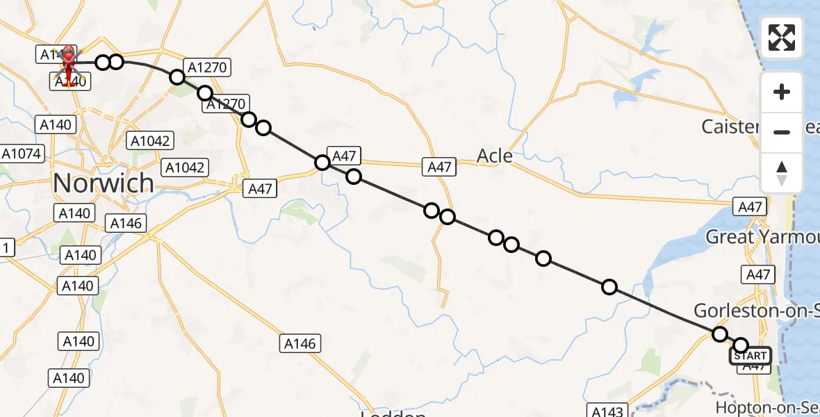 Flight route Air Ambulance Helicopter James Paget Hospital - Norwich Airport, 04 September 2026, 20:07