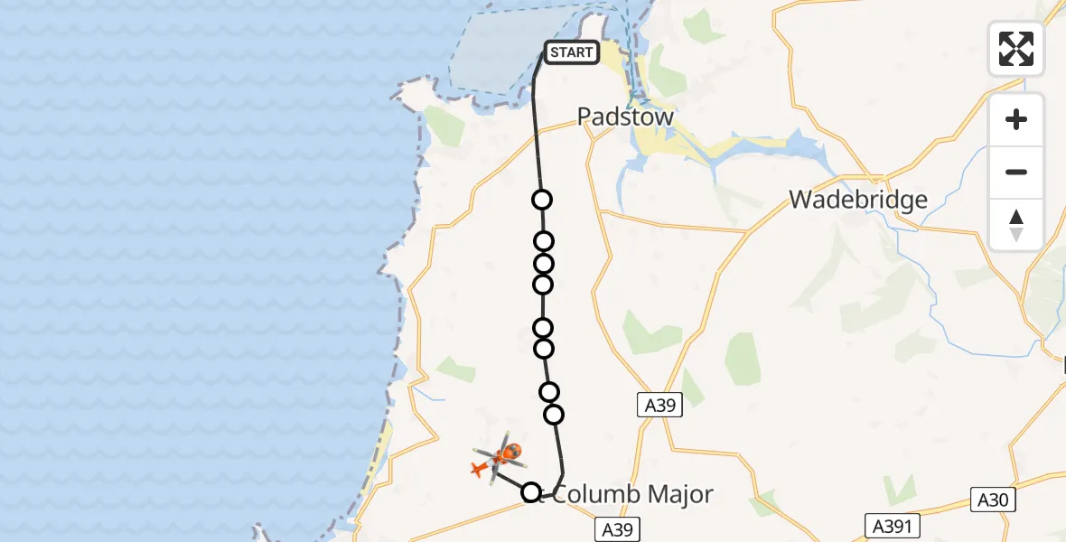 Flight route Coastguard Helicopter Padstow - Cornwall Airport Newquay, 04 September 2026, 20:16