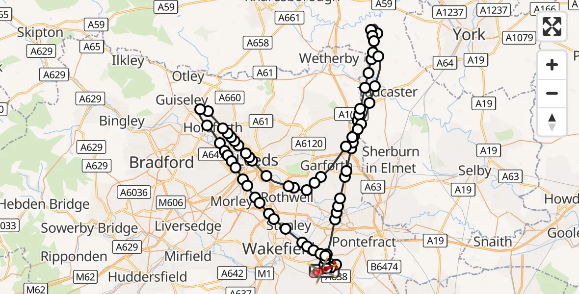 Flight route Air Ambulance Helicopter YAA Nostell Helicopter Port - YAA Nostell Helicopter Port, 04 September 2026, 20:23