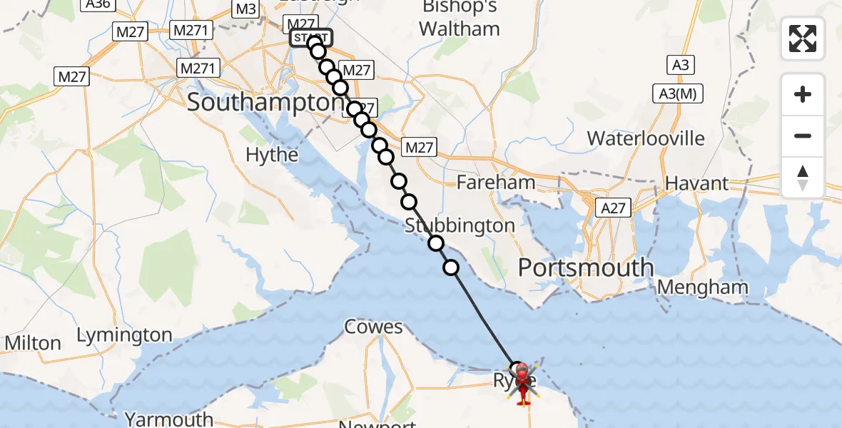 Flight route Air Ambulance Helicopter Southampton Airport - Ryde, 04 September 2026, 20:27