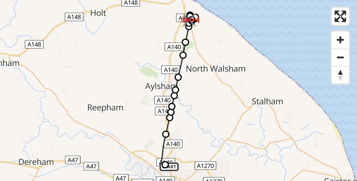 Flight route Air Ambulance Helicopter Norwich Airport - Northrepps Aerodrome, 04 September 2026, 20:51