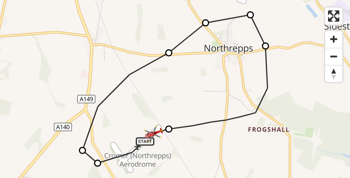 Flight route Air Ambulance Helicopter Northrepps Aerodrome - Northrepps Aerodrome, 04 September 2026, 21:18