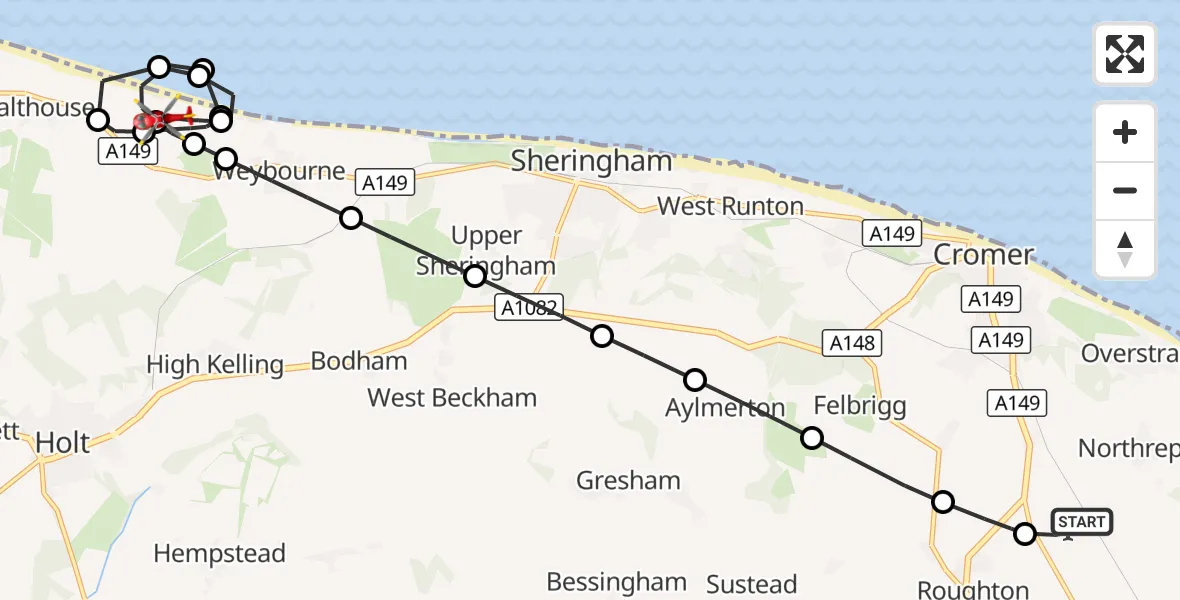 Flight route Air Ambulance Helicopter Northrepps Aerodrome - North Norfolk, 04 September 2026, 21:23