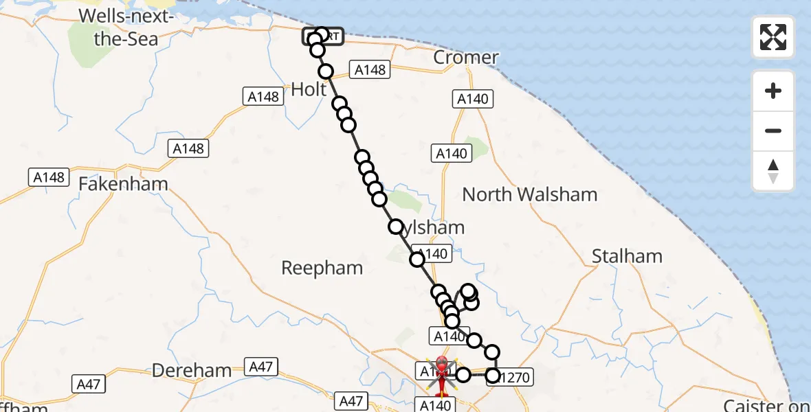 Flight route Air Ambulance Helicopter Salthouse - Norwich Airport, 04 September 2026, 21:44