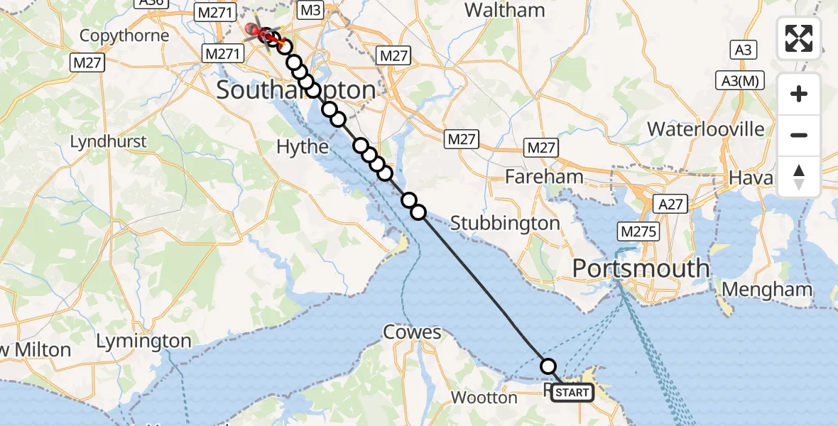 Flight route Air Ambulance Helicopter Ryde - University Hospital Southampton, 04 September 2026, 21:52