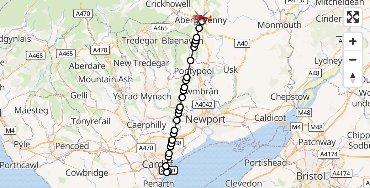 Flight route Air Ambulance Helicopter Cardiff Heliport - Abergavenny, 04 September 2026, 21:57
