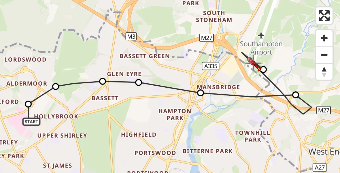 Flight route Air Ambulance Helicopter University Hospital Southampton - Southampton Airport, 04 September 2026, 22:34