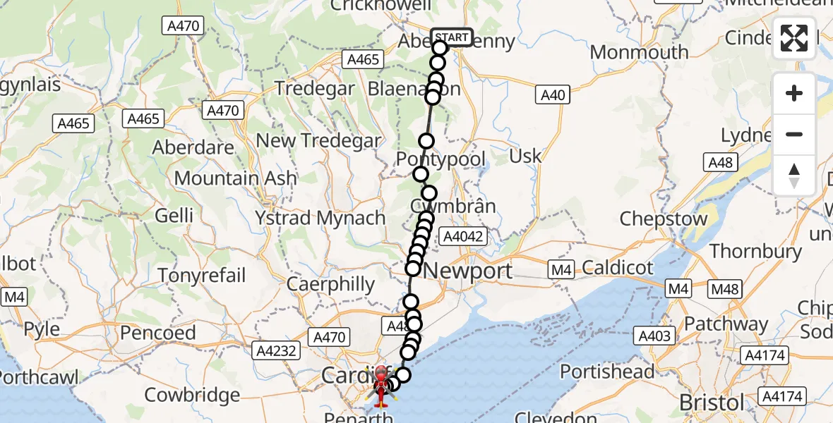 Flight route Air Ambulance Helicopter Abergavenny - Cardiff Heliport, 04 September 2026, 23:06
