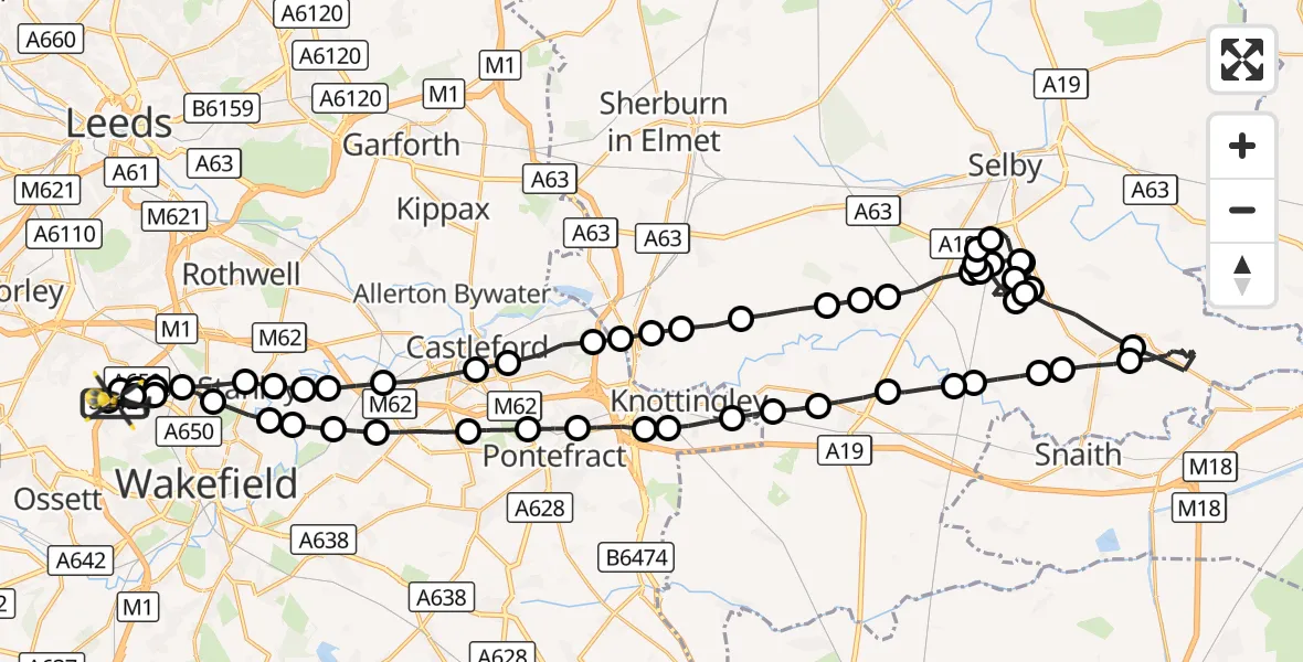 Flight route Police Helicopter East Ardsley - Ossett, 05 September 2026, 03:18