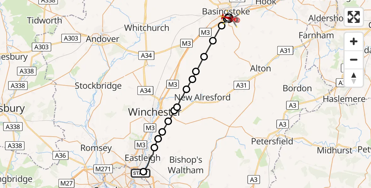 Flight route Air Ambulance Helicopter Southampton Airport - Basingstoke and Deane, 05 September 2026, 06:35