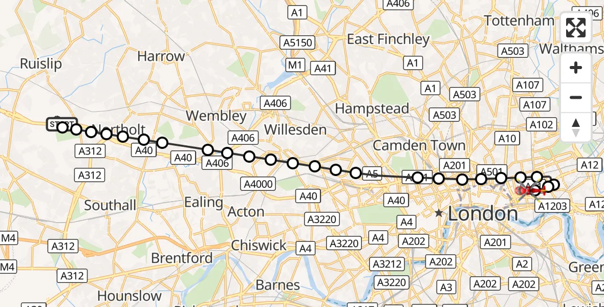 Flight route Air Ambulance Helicopter RAF Northolt - Royal London Hospital, 05 September 2026, 06:49