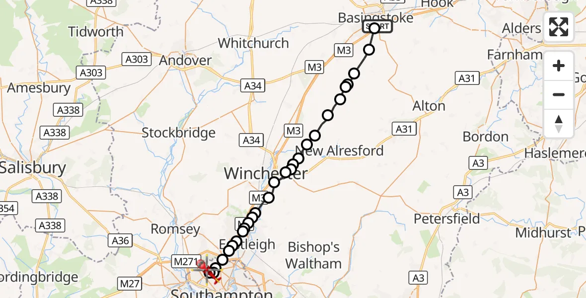 Flight route Air Ambulance Helicopter Basingstoke - Shirley, 05 September 2026, 07:58