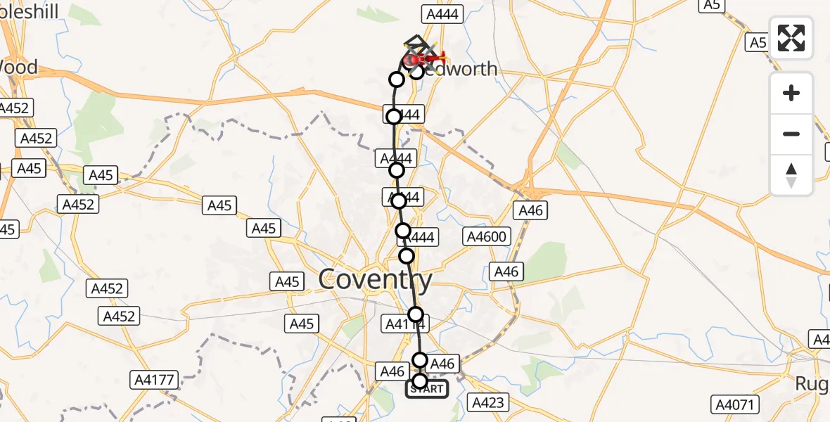 Flight route Air Ambulance Helicopter Coventry Airport - Bedworth, 05 September 2026, 08:01