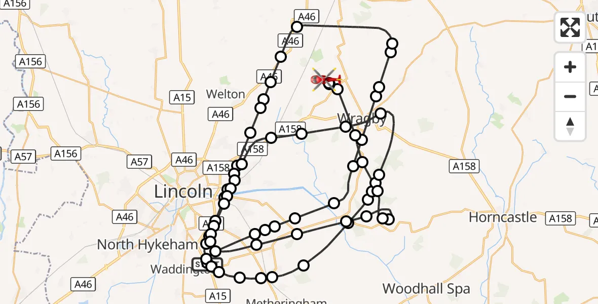 Flight route Air Ambulance Helicopter RAF Waddington - Wickenby Aerodrome, 05 September 2026, 08:03