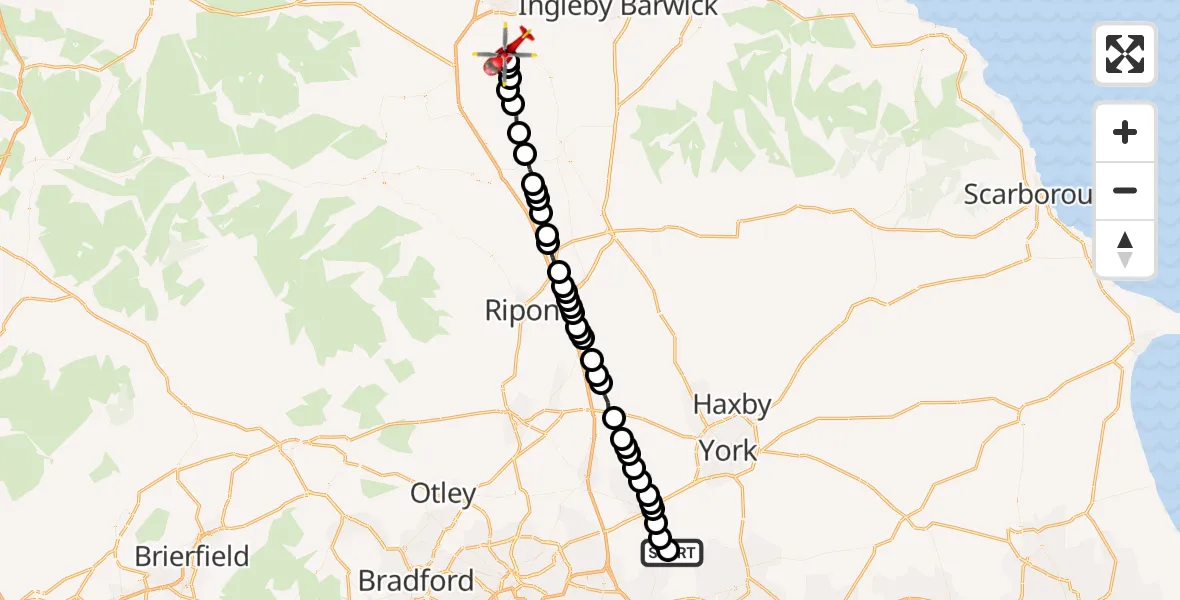 Flight route Air Ambulance Helicopter Leeds East Airport - Dalton-on-Tees, 05 September 2026, 08:06
