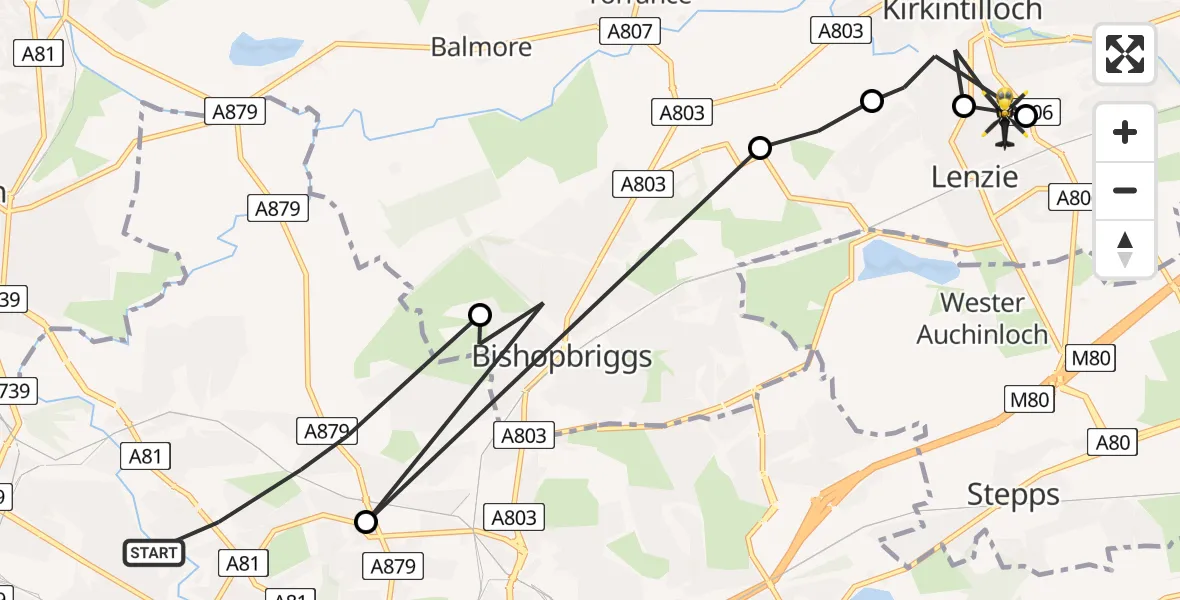 Flight route Police Helicopter Glasgow - Lenzie, 05 September 2026, 08:07