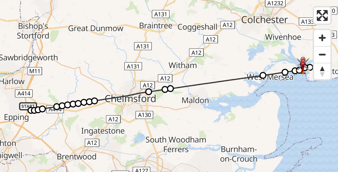 Flight route Air Ambulance Helicopter North Weald Airfield - Brightlingsea, 05 September 2026, 08:21