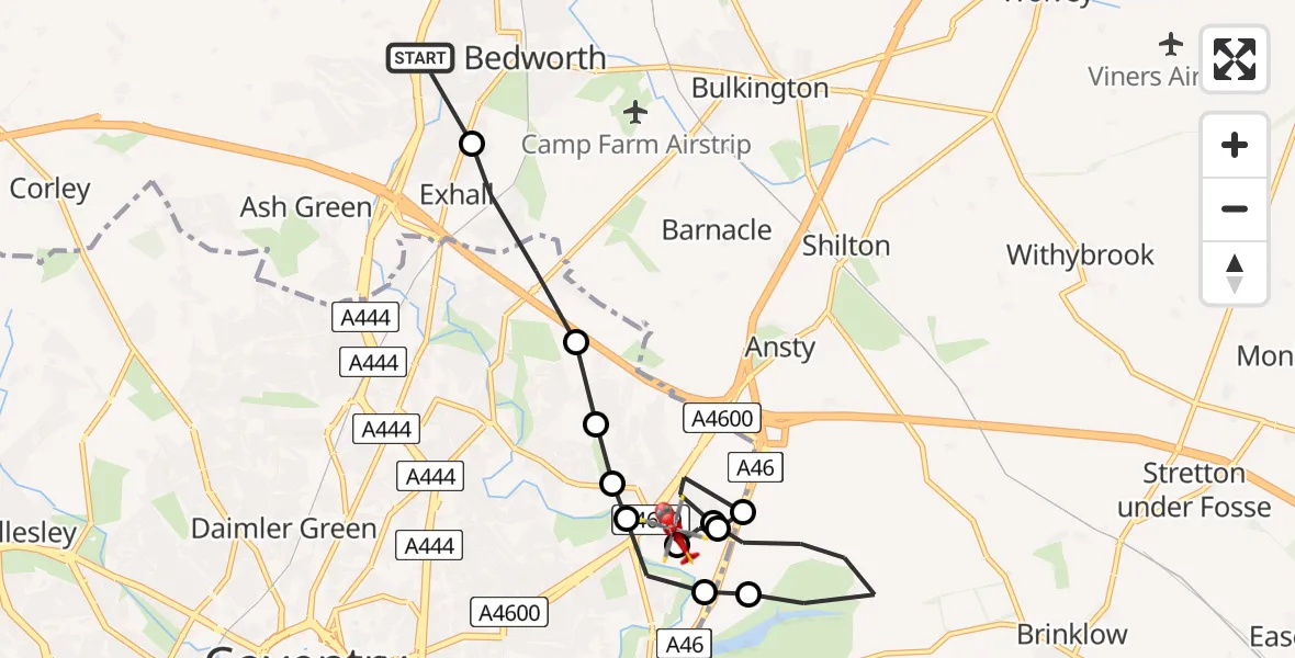 Flight route Air Ambulance Helicopter Bedworth - Walsgrave, 05 September 2026, 08:43