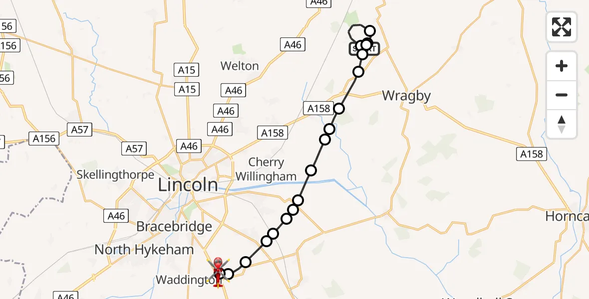 Flight route Air Ambulance Helicopter Wickenby Aerodrome - North Kesteven, 05 September 2026, 08:58