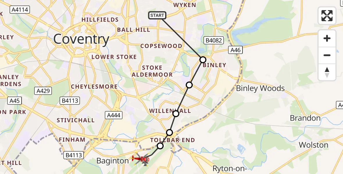 Flight route Air Ambulance Helicopter Upper Stoke - Coventry Airport, 05 September 2026, 09:17