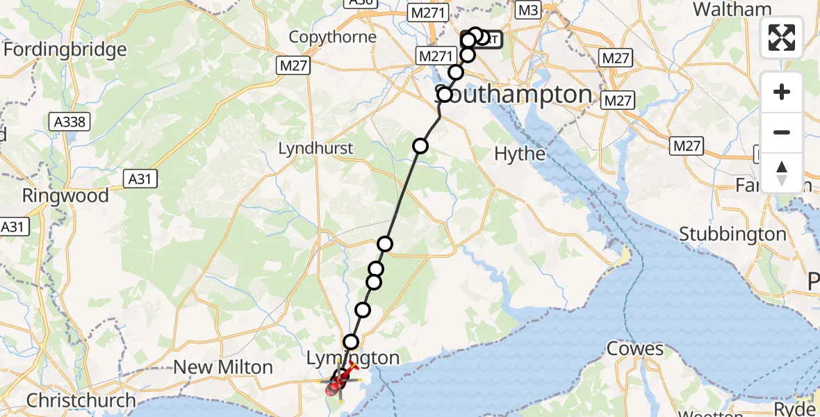 Flight route Air Ambulance Helicopter University Hospital Southampton - Lymington, 05 September 2026, 09:18