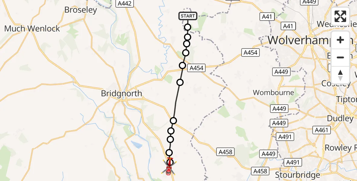 Flight route Air Ambulance Helicopter South Staffordshire - Alveley, 05 September 2026, 09:19