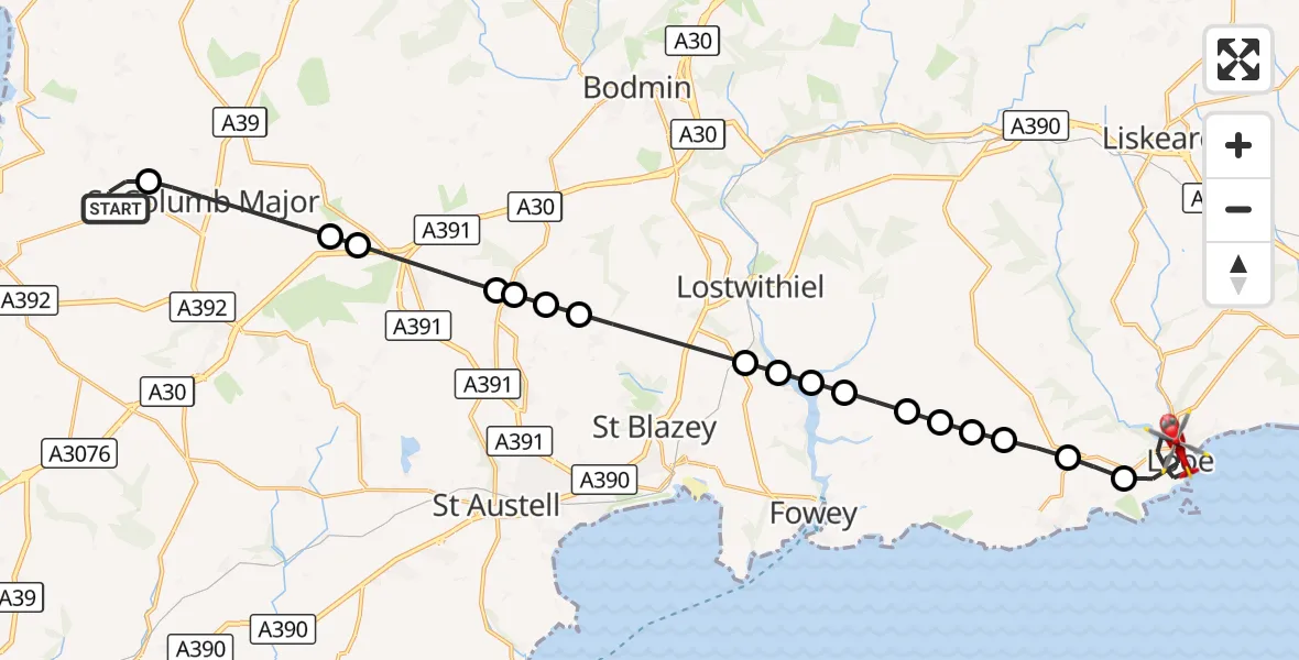 Flight route Air Ambulance Helicopter Cornwall Airport Newquay - Looe, 05 September 2026, 09:25