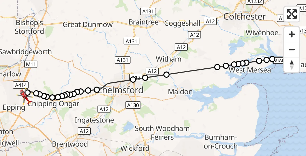 Flight route Air Ambulance Helicopter Brightlingsea - North Weald Airfield, 05 September 2026, 09:43