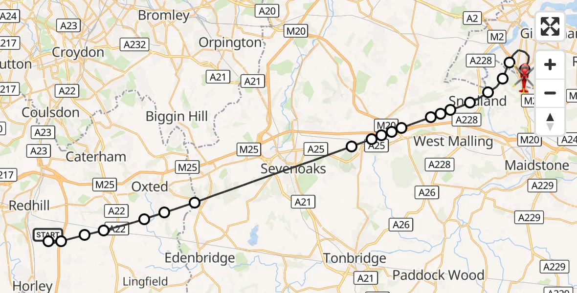 Flight route Air Ambulance Helicopter Redhill Aerodrome - Rochester Airport, 05 September 2026, 09:52