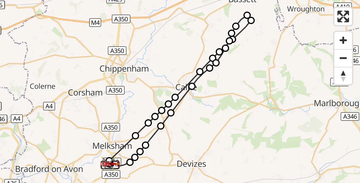 Flight route Air Ambulance Helicopter Wiltshire Air Ambulance - Melksham, 05 September 2026, 09:56