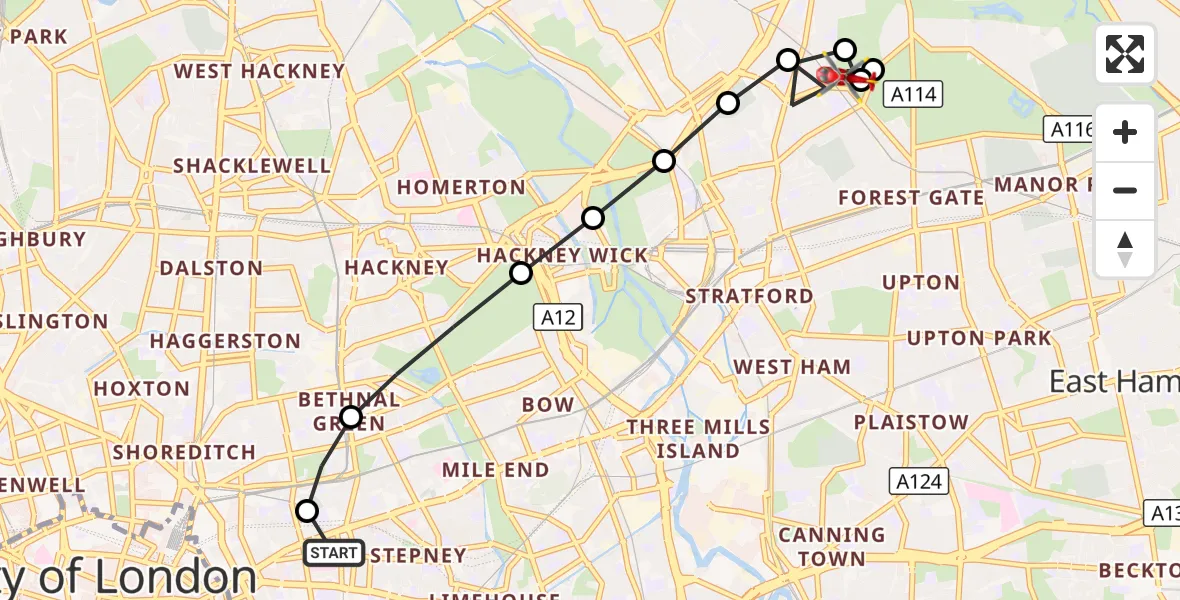 Flight route Air Ambulance Helicopter Royal London Hospital - Waltham Forest, 05 September 2026, 10:19