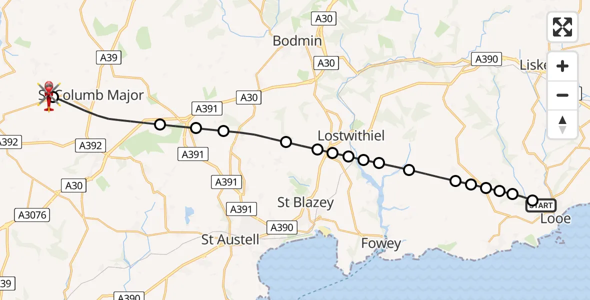 Flight route Air Ambulance Helicopter Looe - Cornwall Airport Newquay, 05 September 2026, 10:36