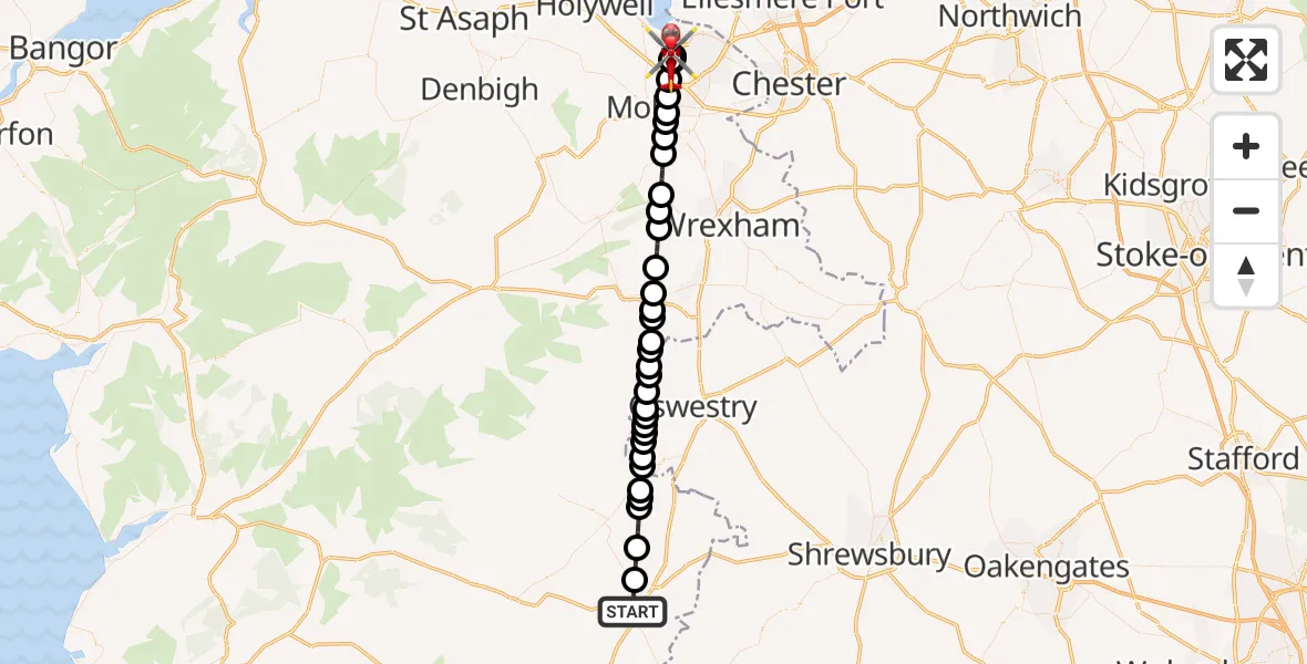 Flight route Air Ambulance Helicopter Welshpool - Northop Hall, 05 September 2026, 10:36