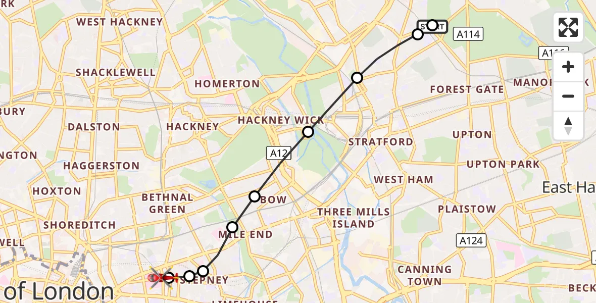 Flight route Air Ambulance Helicopter Leytonstone - Royal London Hospital, 05 September 2026, 10:42