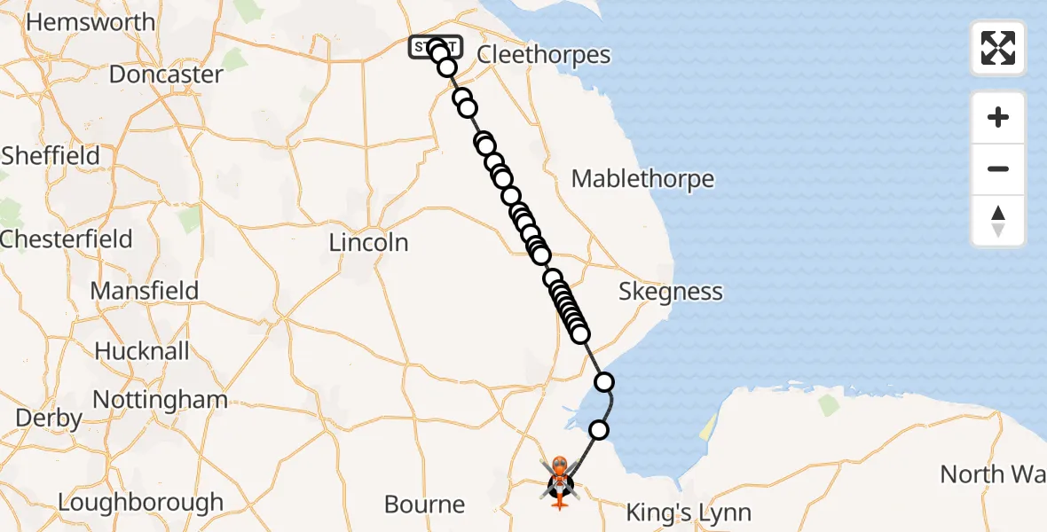Flight route Coastguard Helicopter Humberside Airport - Holbeach CP, 05 September 2026, 10:47