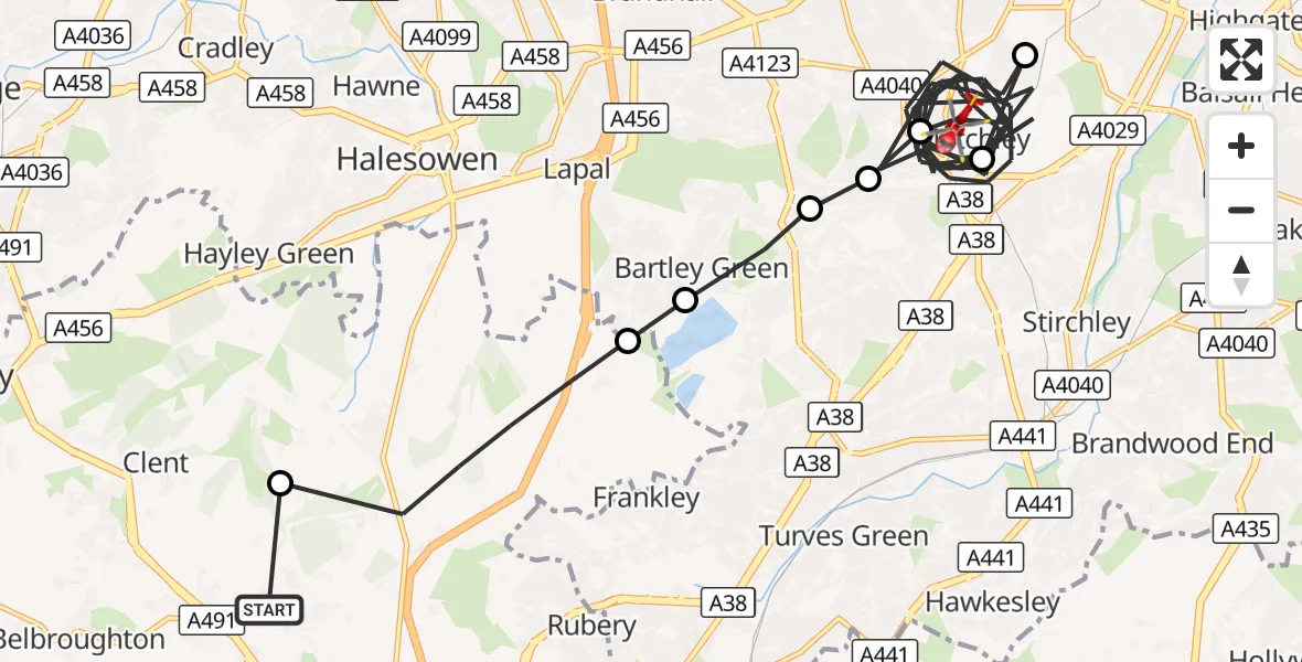 Flight route Air Ambulance Helicopter Bromsgrove - Metchley, 05 September 2026, 10:55