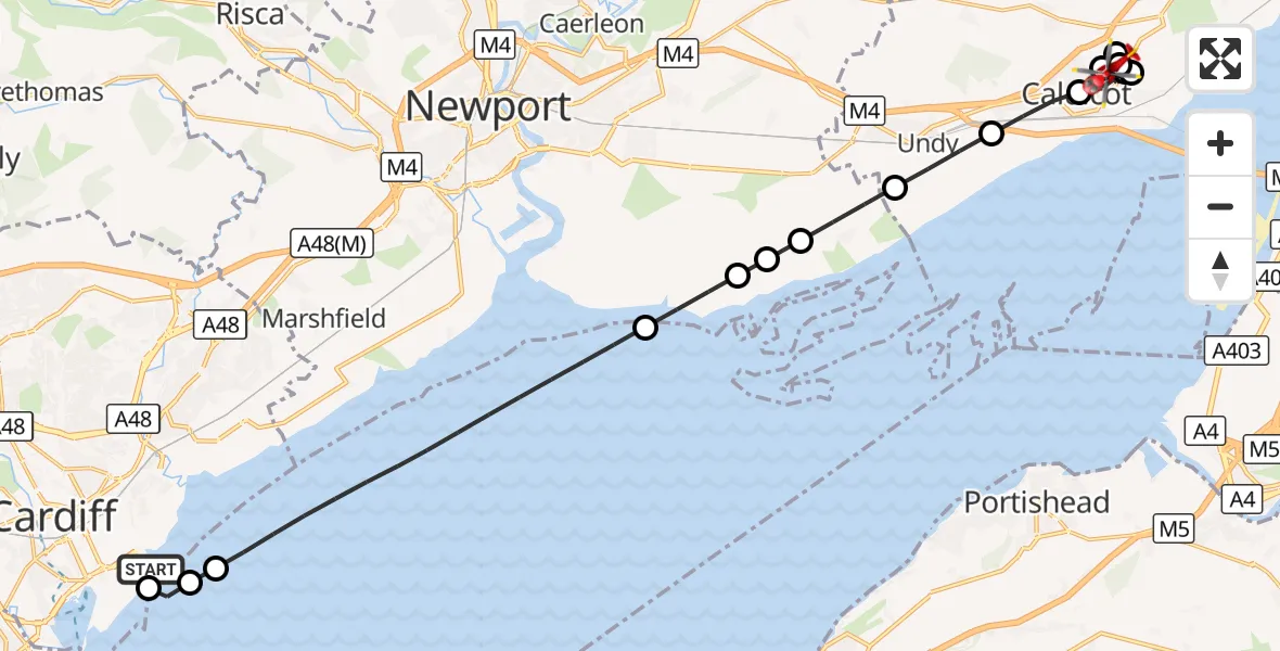Flight route Air Ambulance Helicopter Cardiff Heliport - Caldicot, 05 September 2026, 11:17