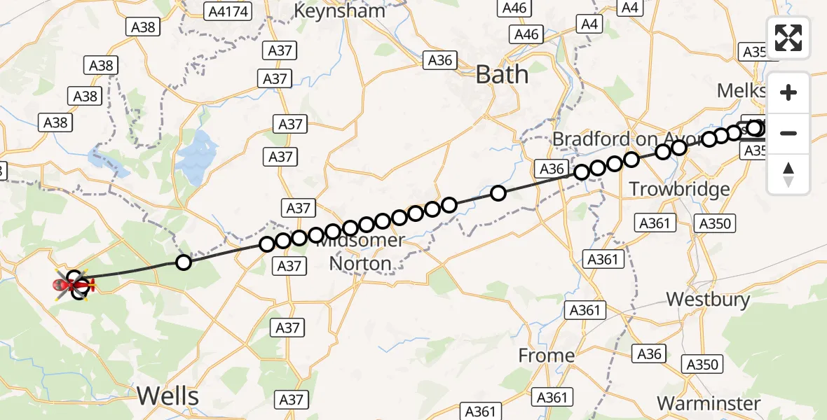 Flight route Air Ambulance Helicopter Wiltshire Air Ambulance - Cheddar, 05 September 2026, 11:21