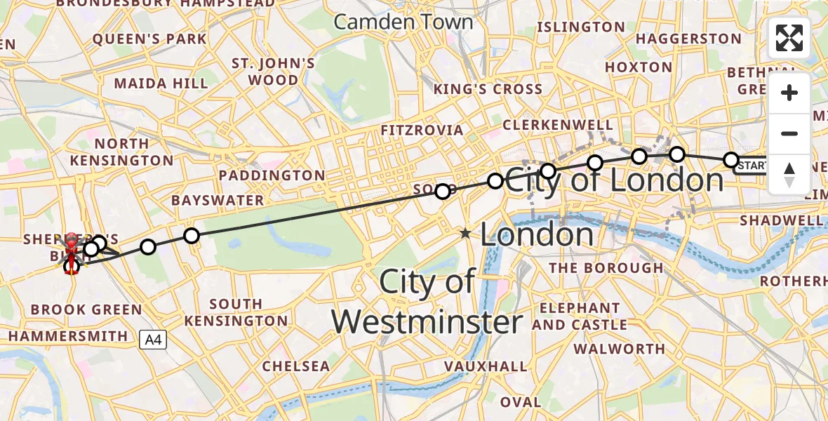 Flight route Air Ambulance Helicopter Royal London Hospital - Shepherd's Bush, 05 September 2026, 11:26