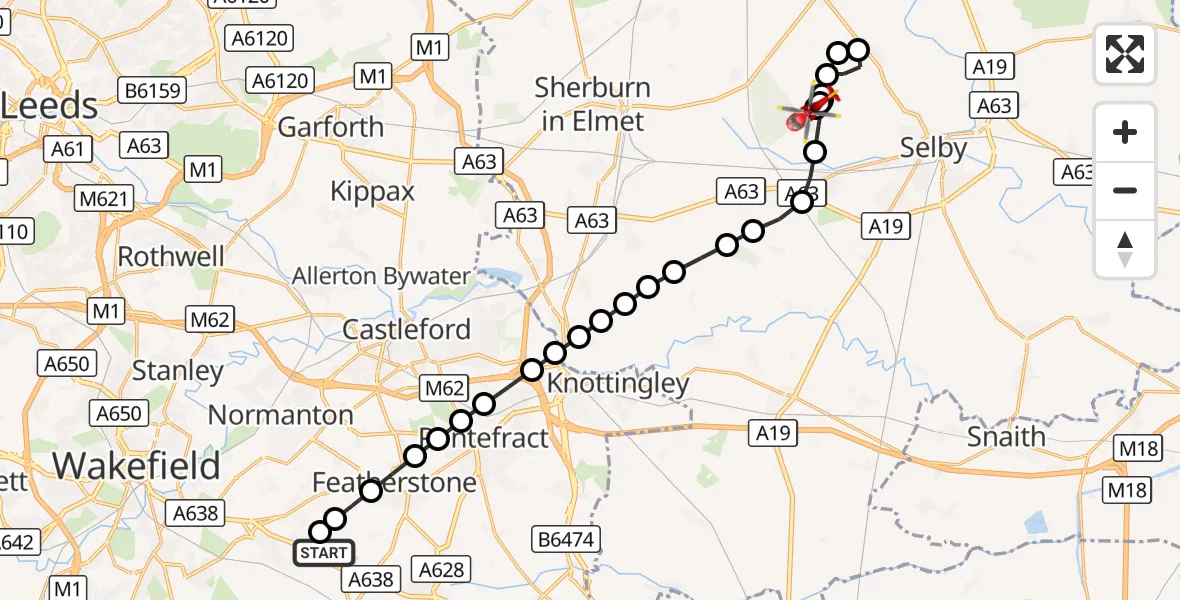 Flight route Air Ambulance Helicopter YAA Nostell Helicopter Port - Cawood, 05 September 2026, 11:26