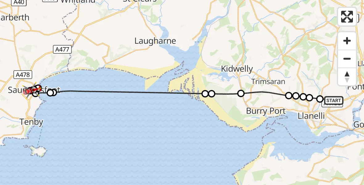 Flight route Air Ambulance Helicopter Dafen - Saundersfoot, 05 September 2026, 11:32