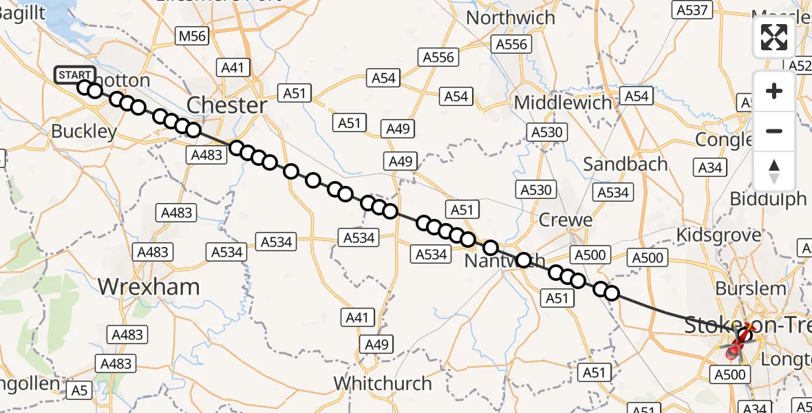 Flight route Air Ambulance Helicopter Northop Hall - University Hospital North Staffs, 05 September 2026, 11:47