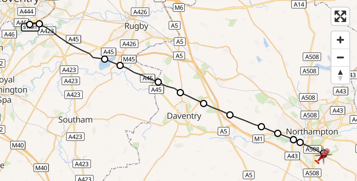 Flight route Air Ambulance Helicopter Coventry Airport - Hardingstone, 05 September 2026, 11:48