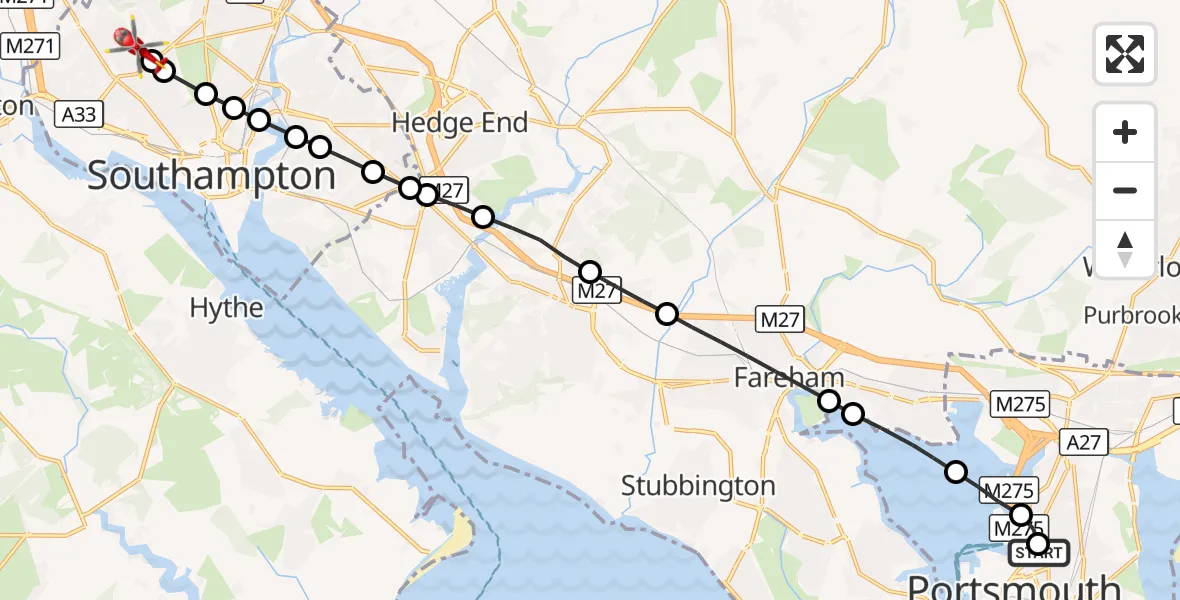 Flight route Air Ambulance Helicopter Buckland - University Hospital Southampton, 05 September 2026, 12:03