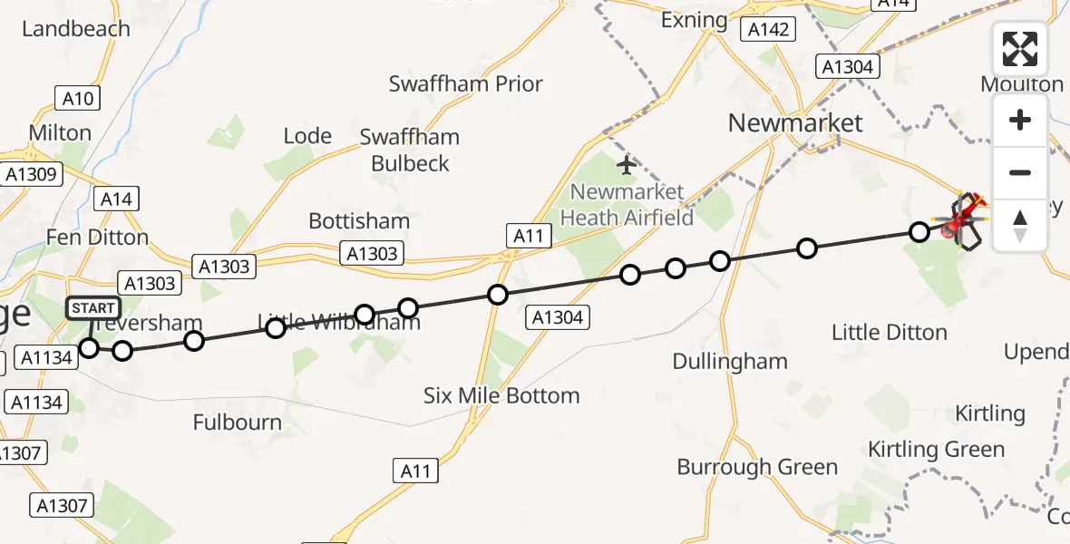 Flight route Air Ambulance Helicopter Cambridge City Airport - Cheveley, 05 September 2026, 12:15
