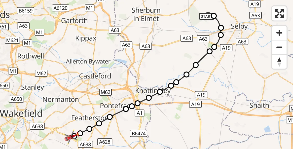 Flight route Air Ambulance Helicopter Cawood - YAA Nostell Helicopter Port, 05 September 2026, 12:17