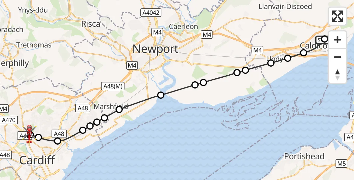 Flight route Air Ambulance Helicopter Crick - Gabalfa, 05 September 2026, 12:21
