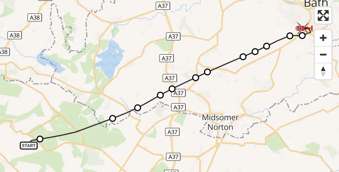 Flight route Air Ambulance Helicopter Cheddar - Bath, 05 September 2026, 12:22